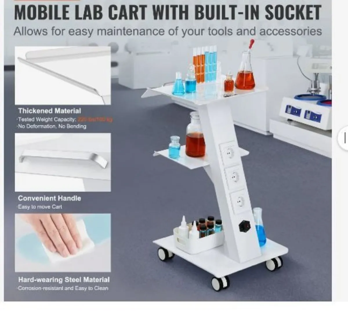 Lab Trolley, Rolling Lab Cart with Built-in Socket - Image 2