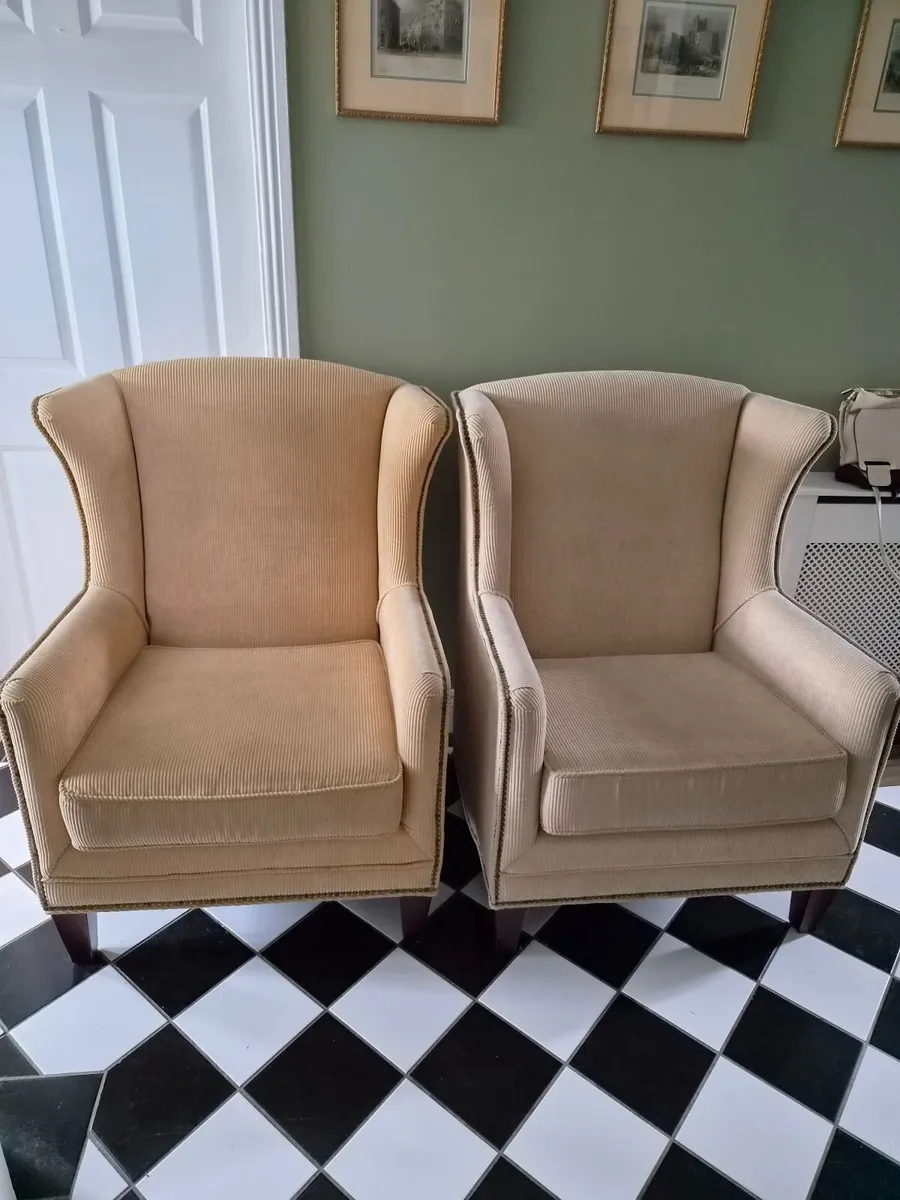 Two Cream/Lemon Wingback Armchairs - Image 1