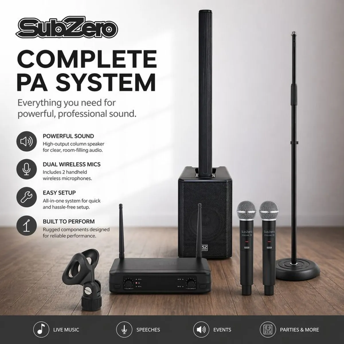 SubZero L410X Bluetooth Column PA System, plus Microphones and Microphone stand.