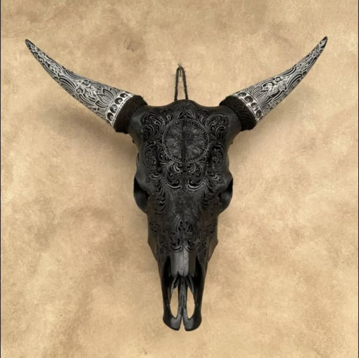 Wall Art - Authentic Black Carved Cow Skull - Image 1