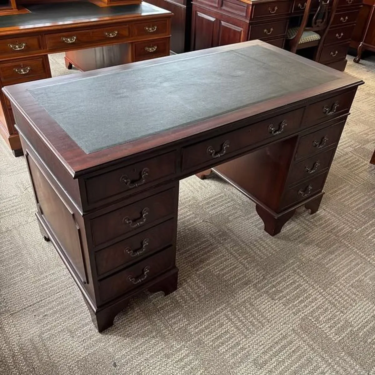Mahogany green leather top twin pedestal writing d