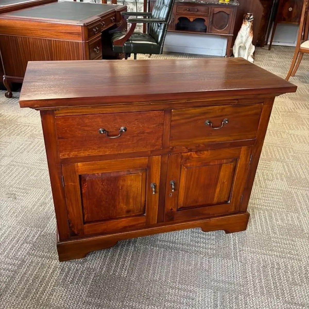 Teak double door cabinet, with key, two drawers.