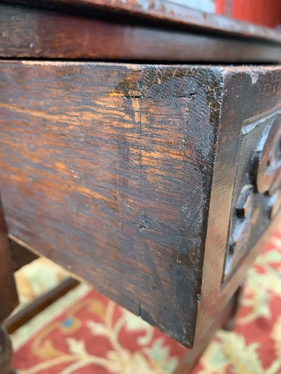 Antique Carved Oak Side Table with Drawer. - Image 3