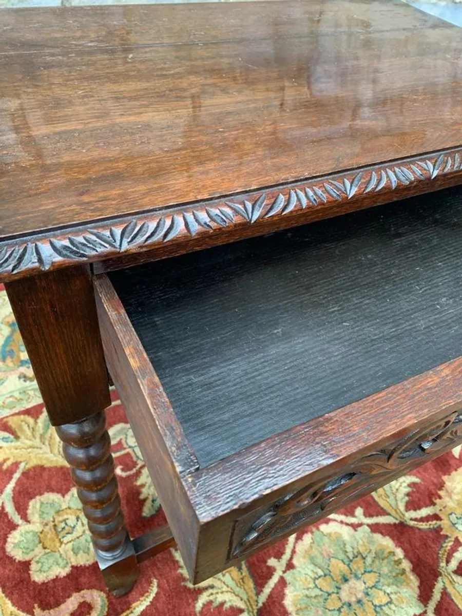 Antique Carved Oak Side Table with Drawer. - Image 4