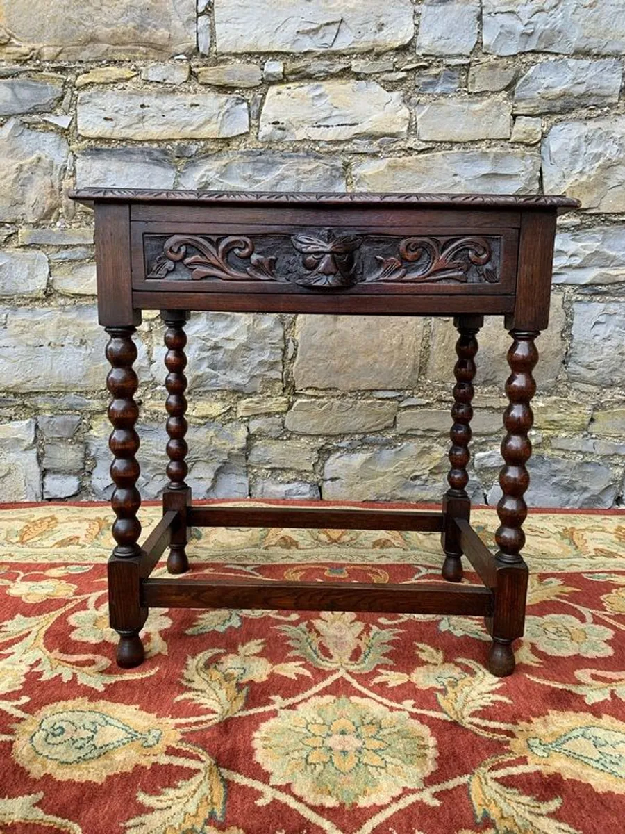 Antique Carved Oak Side Table with Drawer. - Image 1