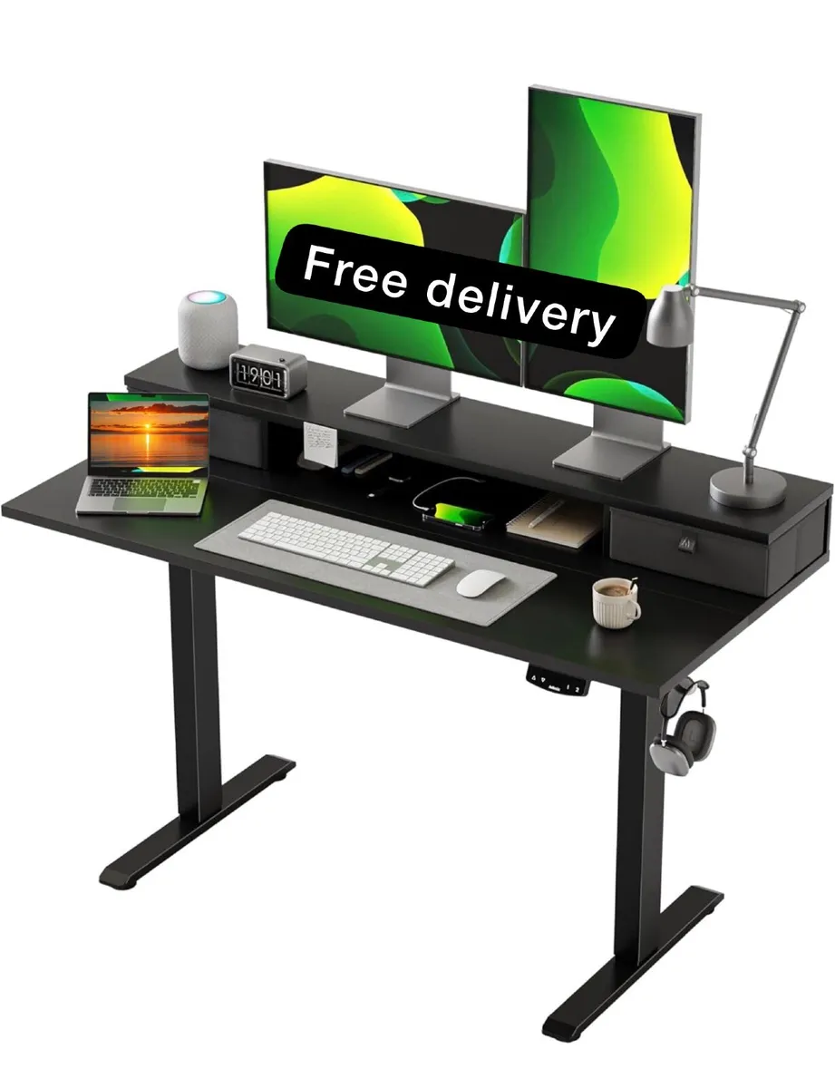 Height Adjustable Desk with Two Drawers, 120 x 60 - Image 1