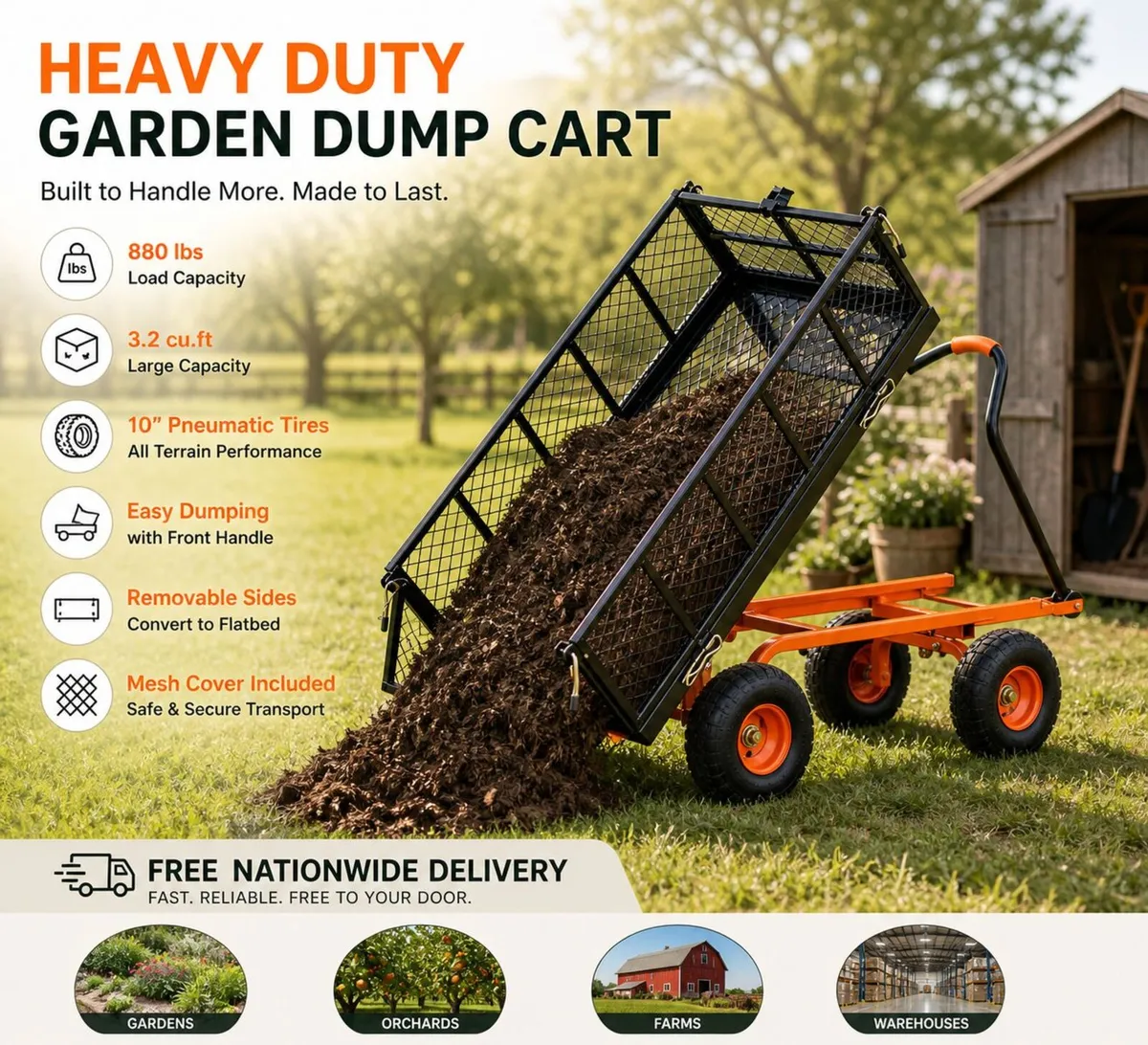 Heavy Duty Garden Dump Cart 880 lb Capacity Yard W - Image 1
