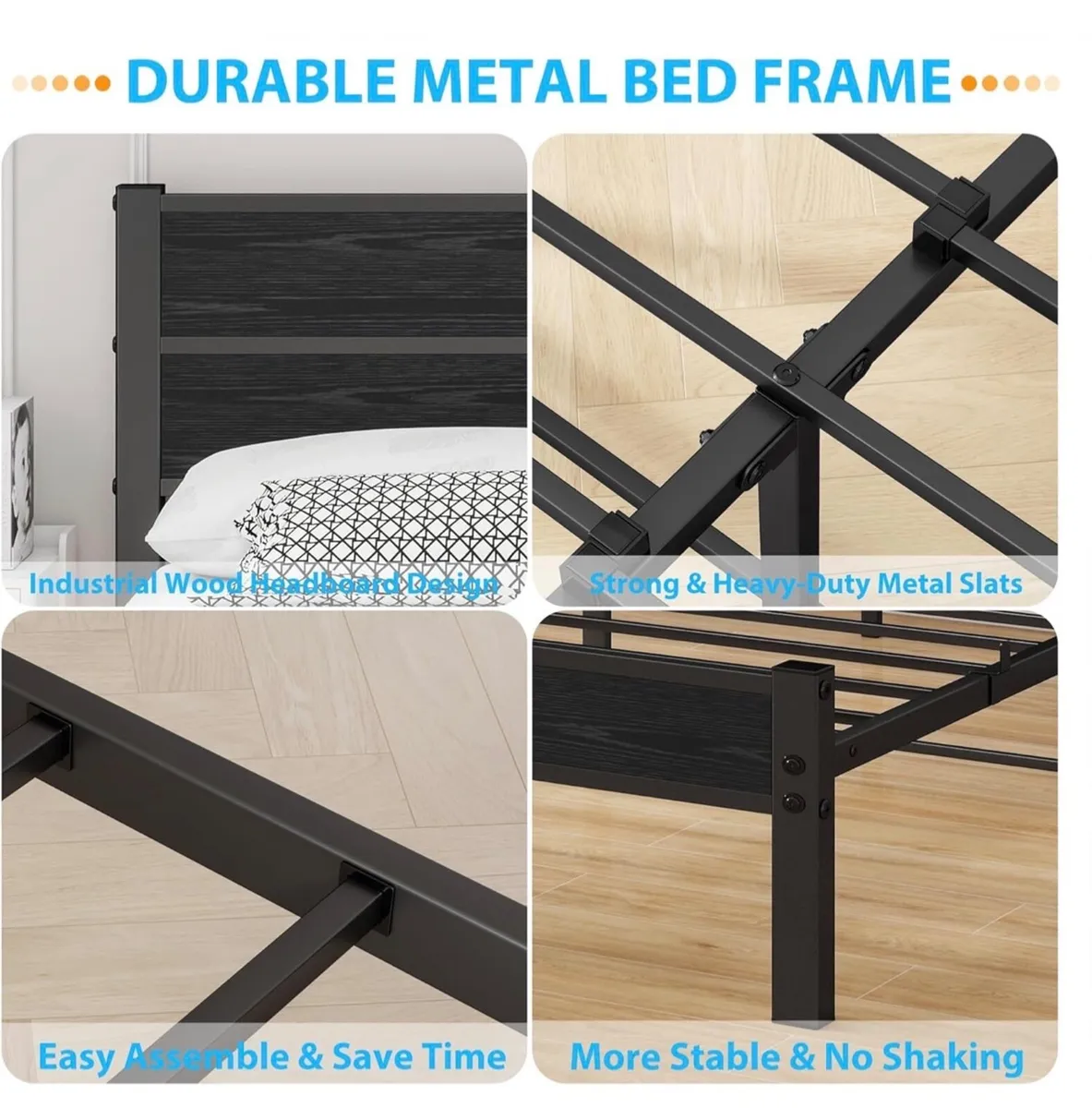 King Size Bed Frame with Wooden Headboard Bed Fram - Image 4