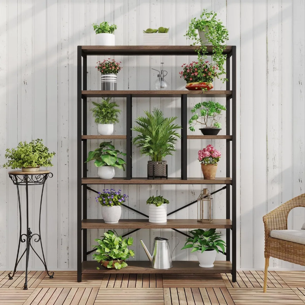 Tall Industrial Etagere Bookcase Modern Wood - Image 3