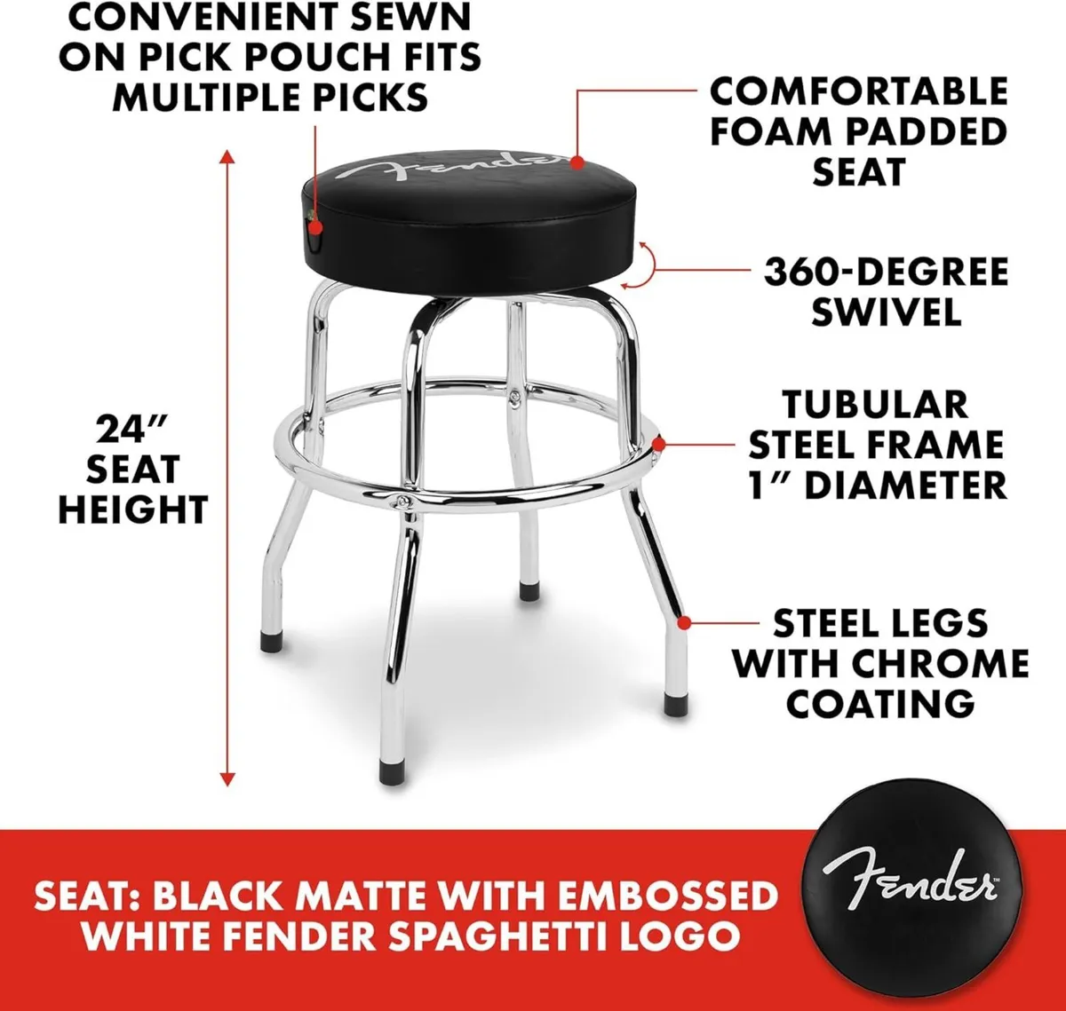 Spaghetti Logo Pick Pouch Barstool 24 Inch Black - Image 3