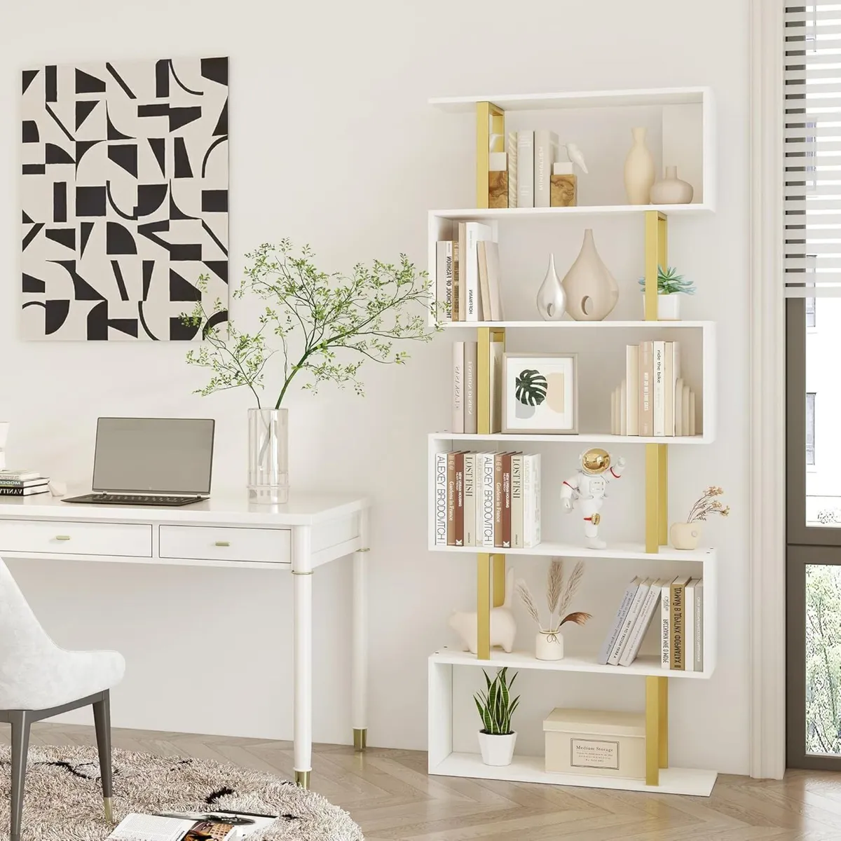 Bookshelf 6-Tier Geometric Bookcase S Shaped Book - Image 4