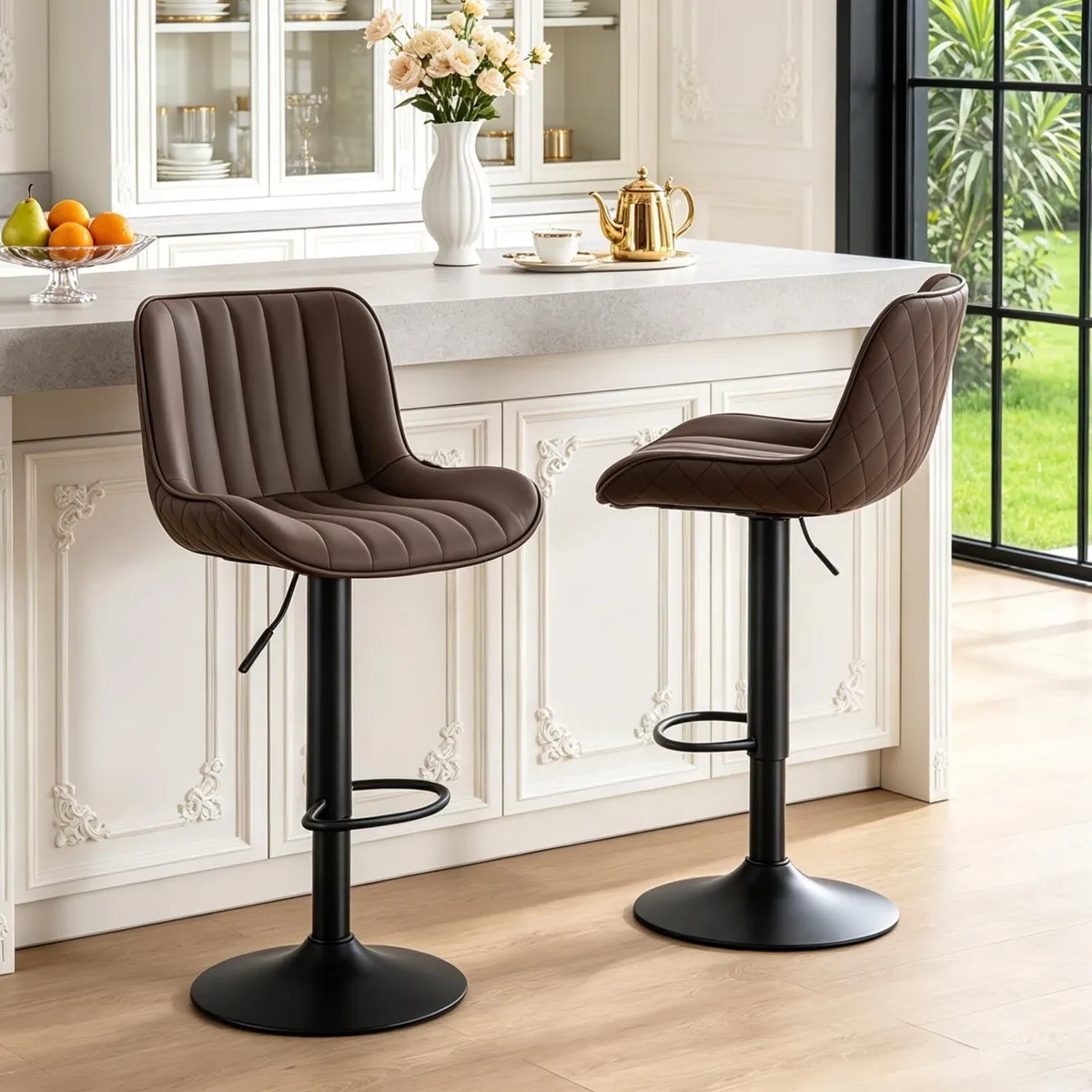 Bar Stools Set of 2 Brown PU Leather Upholstered - Image 1