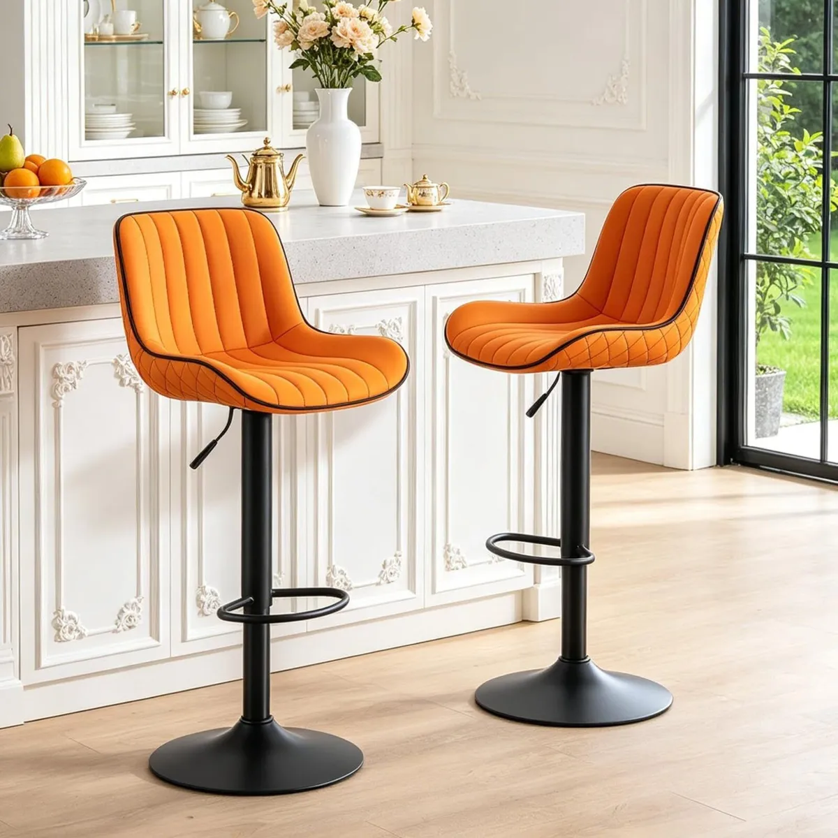 Orange Bar Stools Modern Design PU Leather Seat - Image 1