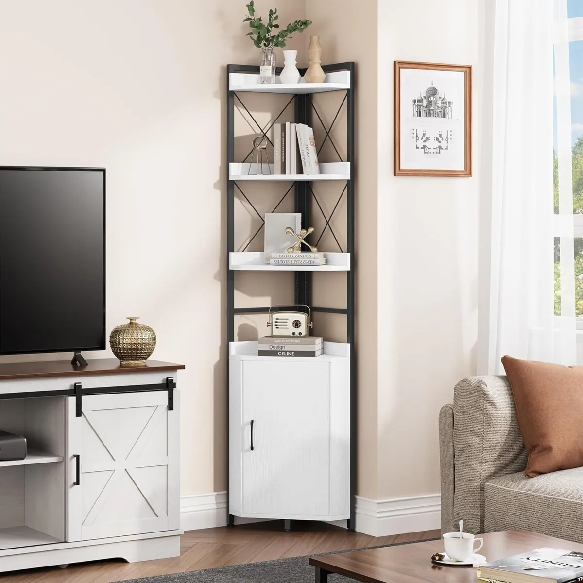 Corner Shelf 4 Tiers Industrial Bookshelf with - Image 1