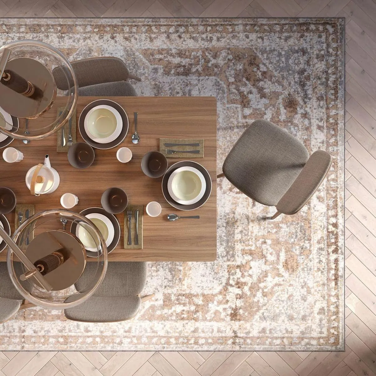 Grey Beige Medallion Modern Dining Room Area Rug - Image 1
