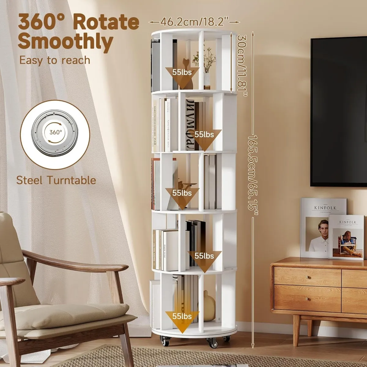 5-Tier Rotating Bookshelf Bookcase (White) - Image 2