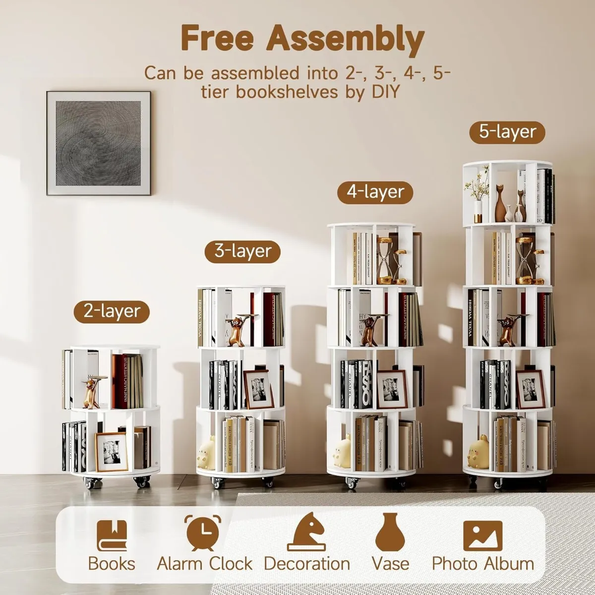 5-Tier Rotating Bookshelf Bookcase (White) - Image 4