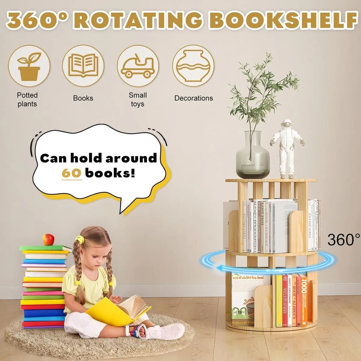 Rotating Bookshelf 2 Tier Floor Standing Bookcase - Image 4