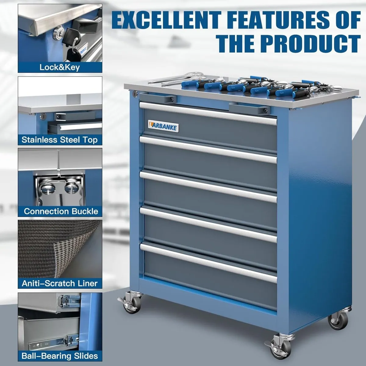 5-Drawer Rolling Tool Chest with Wheels and Foot - Image 4