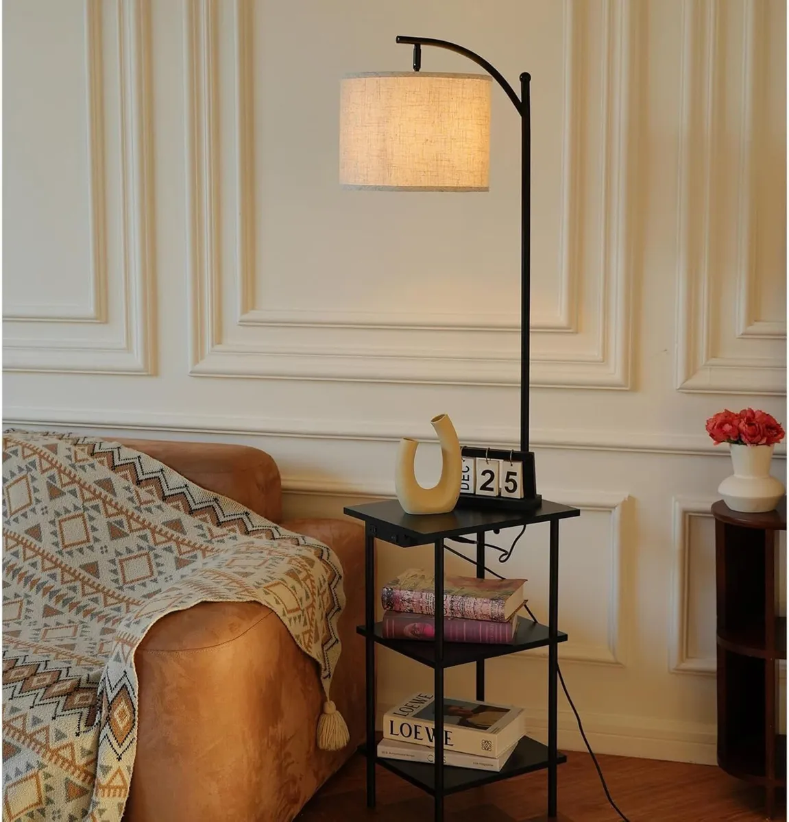 Vintage Floor Lamp with Shelves Walnut Wooden - Image 2
