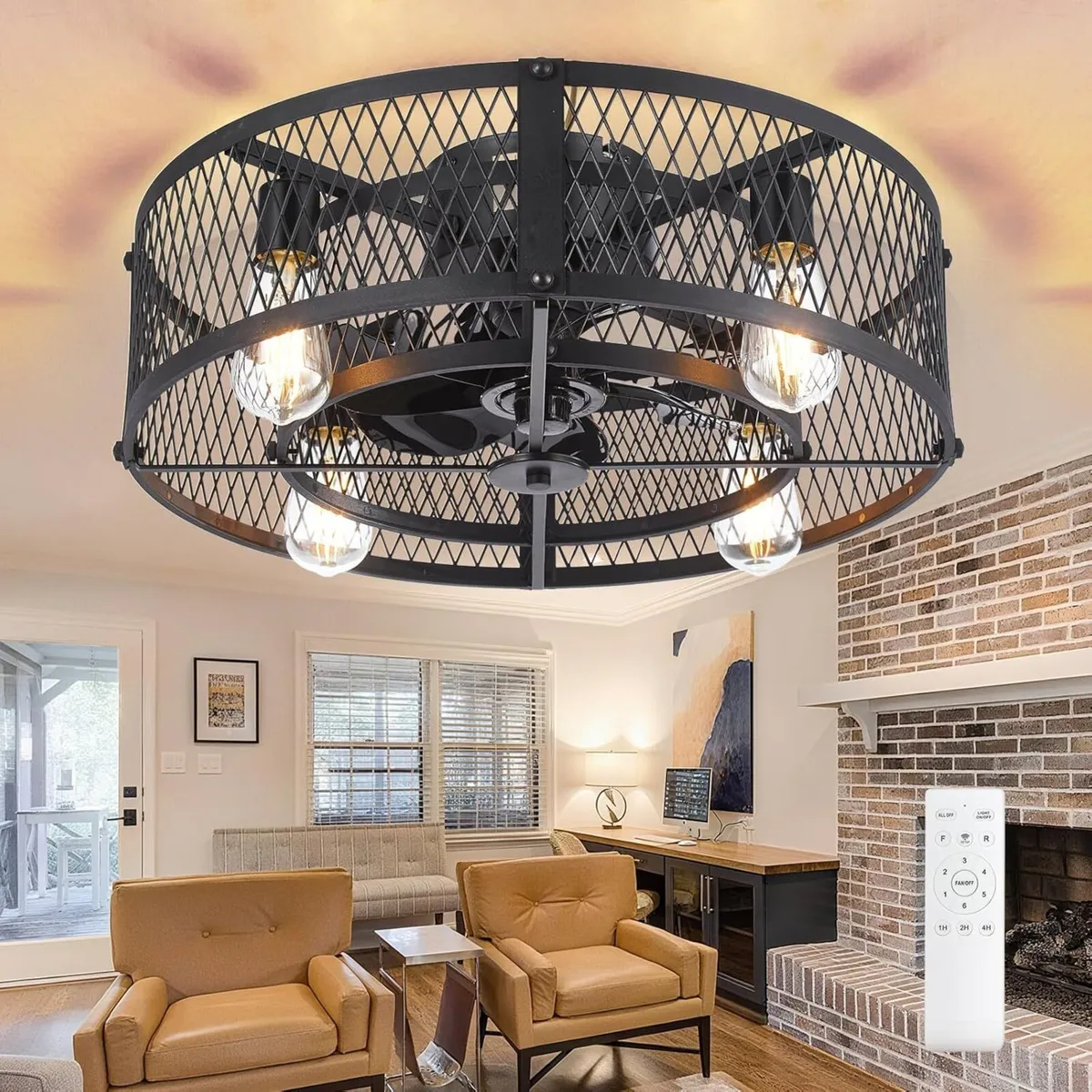 Caged Ceiling Fan with Light: 20 Inch Remote APP - Image 1