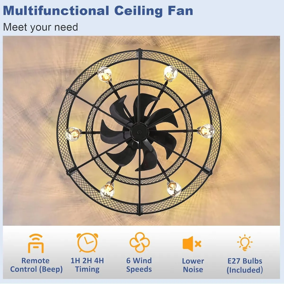 Caged Ceiling Fan with Light: 20 Inch Remote APP - Image 3