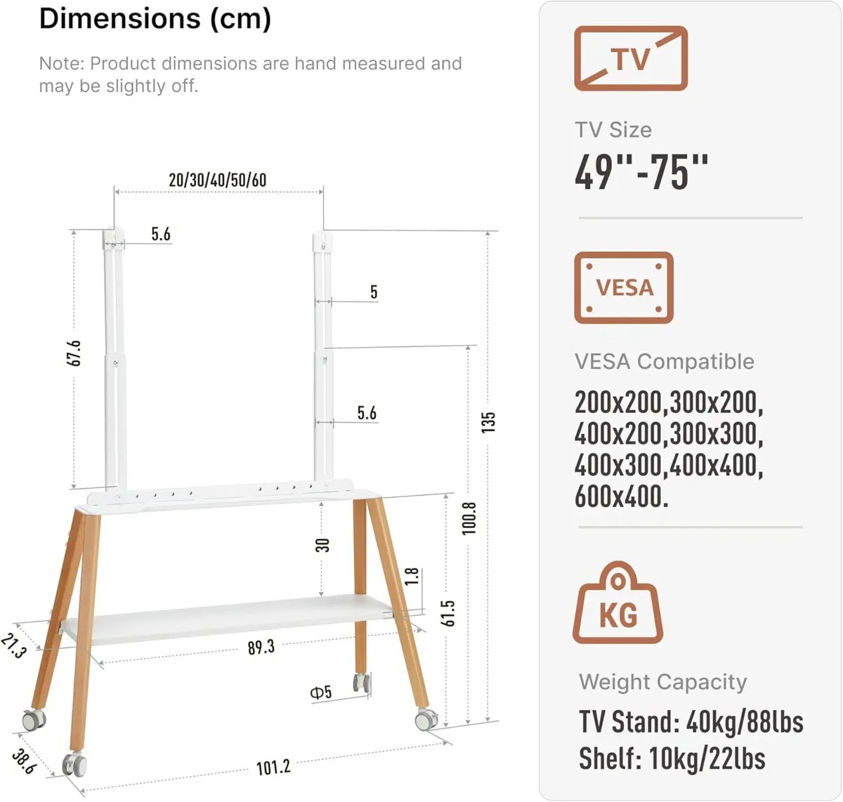 TV Stand with Wheels for 49-75 inch TVs up to 40 - Image 3