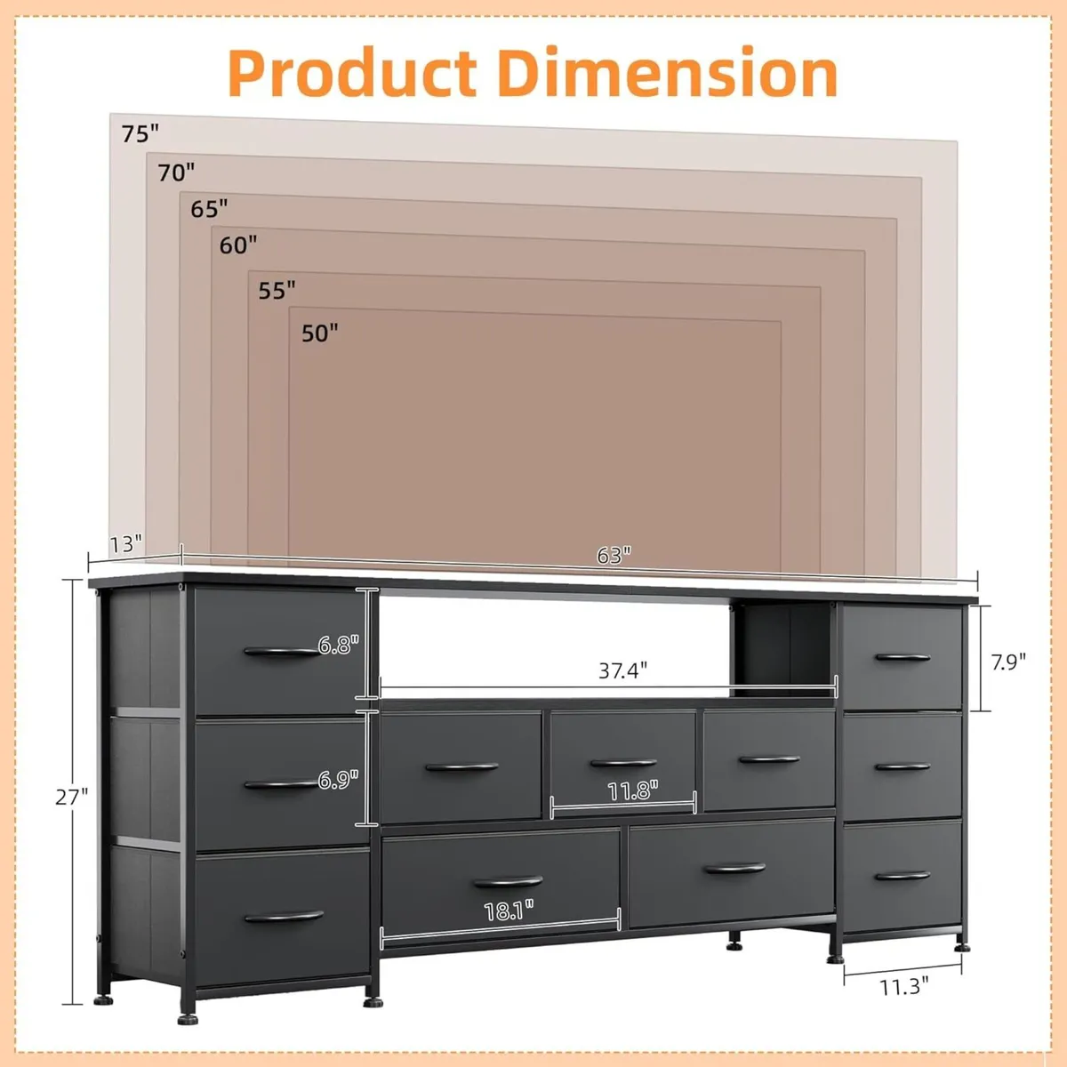 63 Tv Cabinet Dresser for Bedroom with 11 Fabric - Image 3
