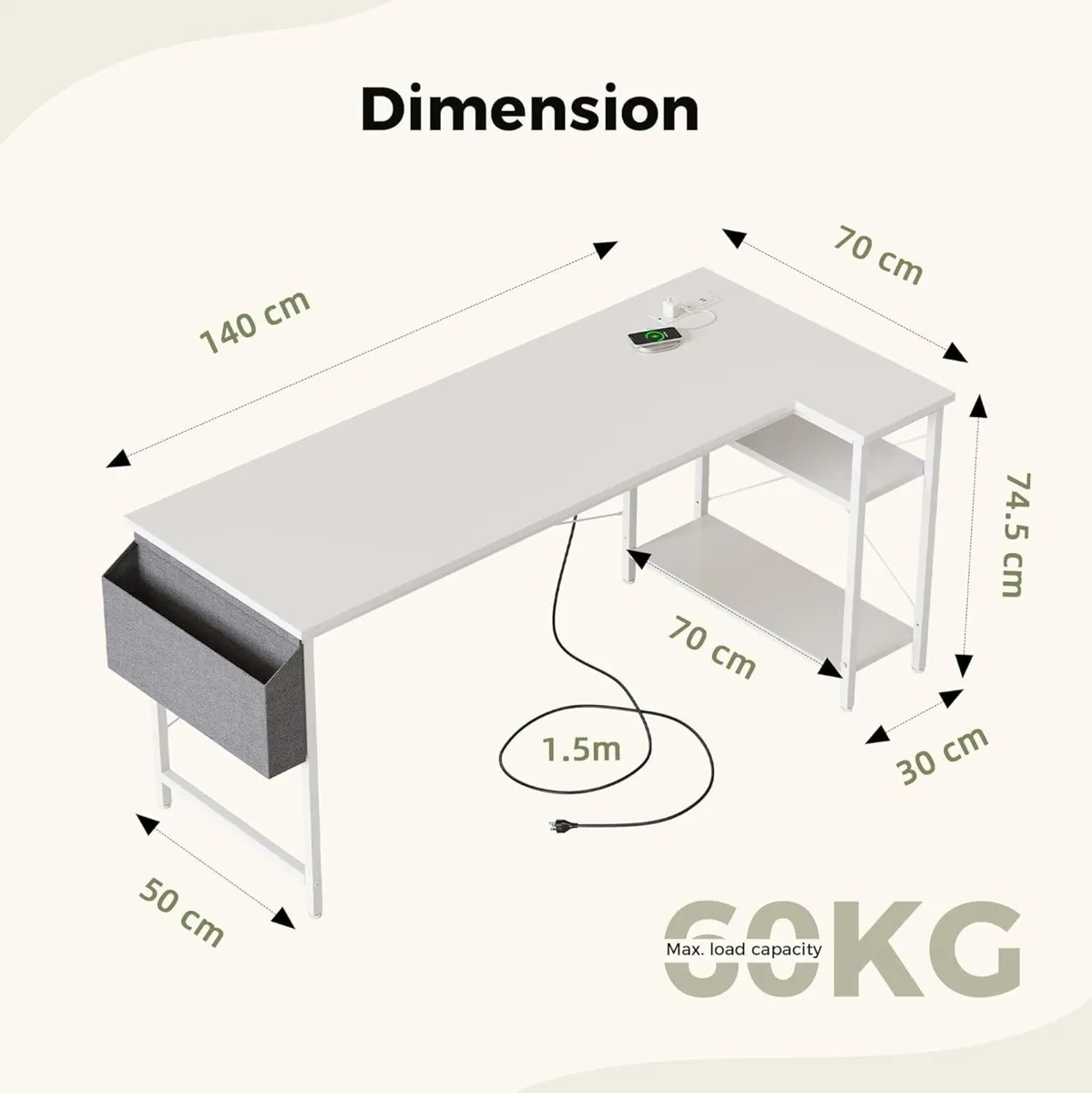 Small L Shaped Desk with Power Outlets 140x70 cm - Image 2