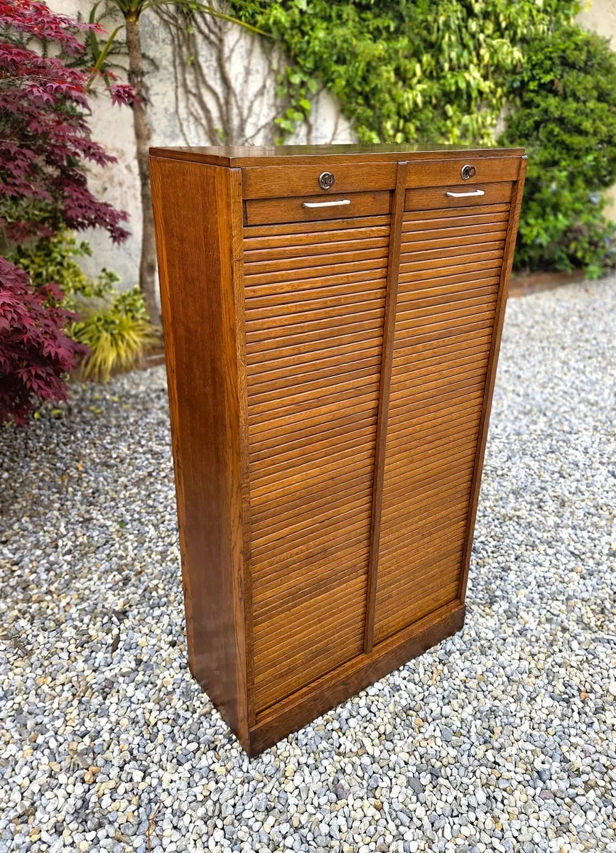 Large Vintage Oak Tambour Filing Cabinet- 1950's - Image 1
