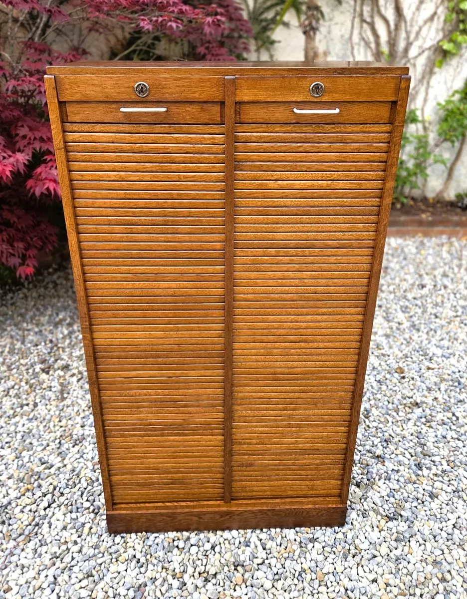 Large Vintage Oak Tambour Filing Cabinet- 1950's - Image 4