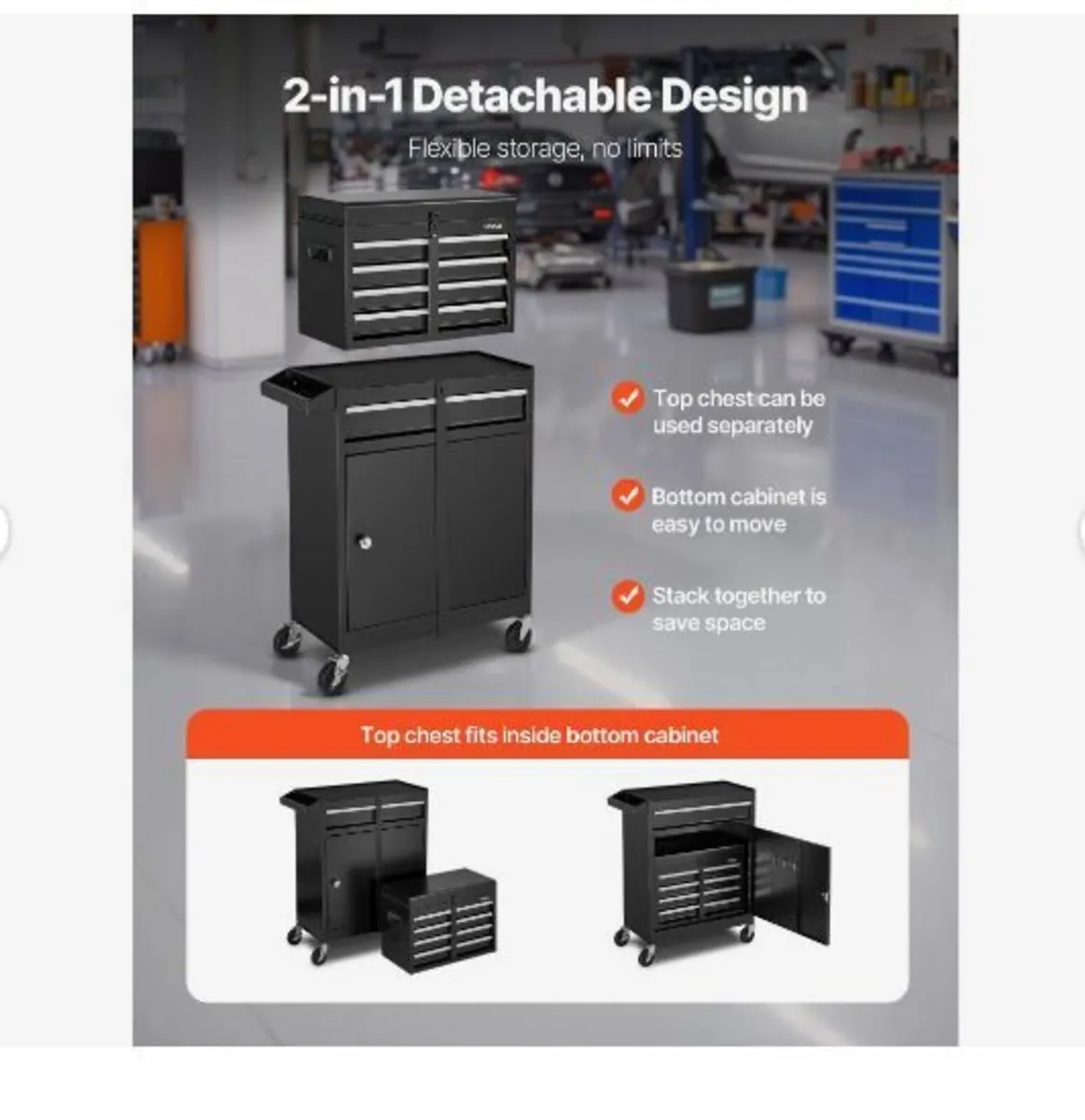 Rolling Tool Chest, 2-in-1 Design, 5 Drawers Tool - Image 2