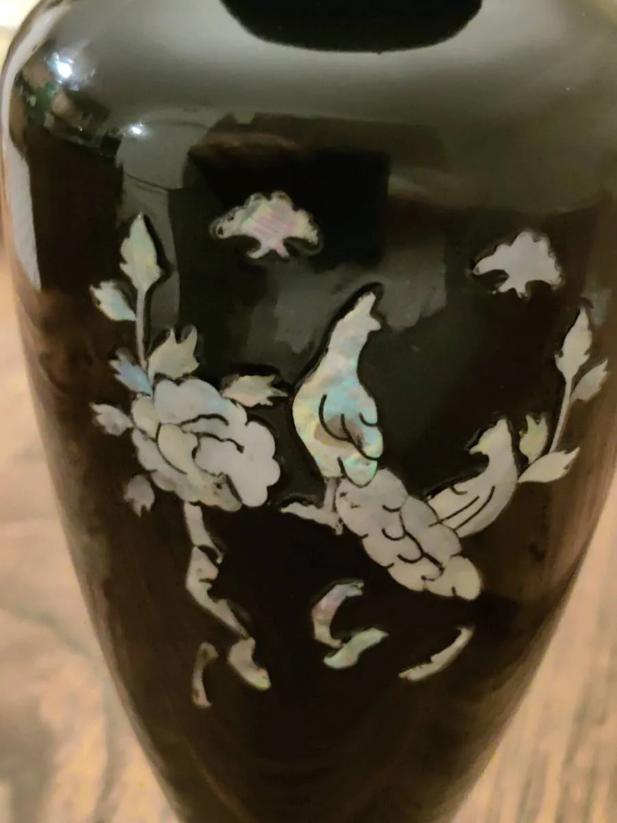 RARE, MOTHER OF PEARL, 10"Tall Vintage Brass Vase - Image 2