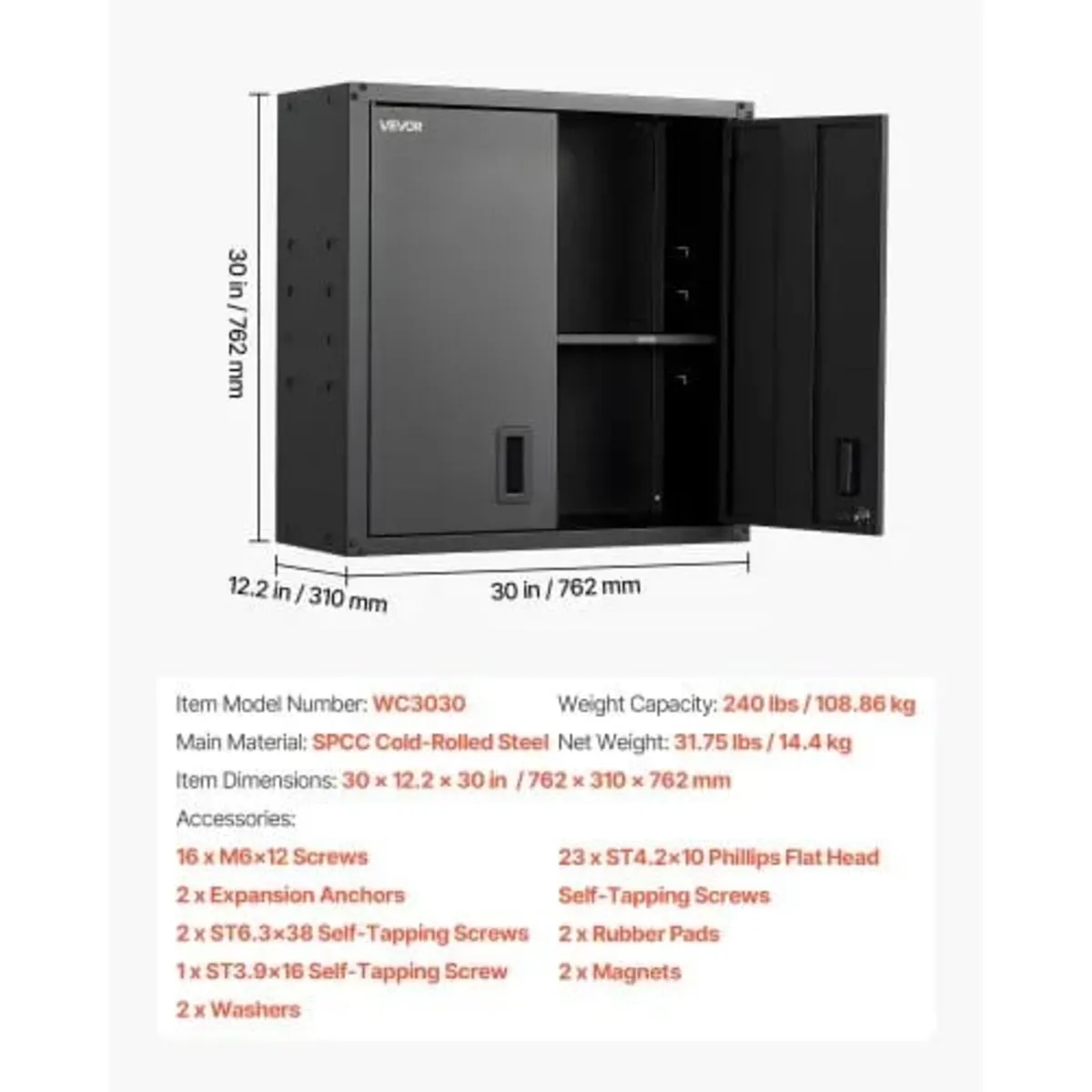 Metal Wall Cabinet, 76.2W x 31D x 76.2H cm, Steel - Image 3