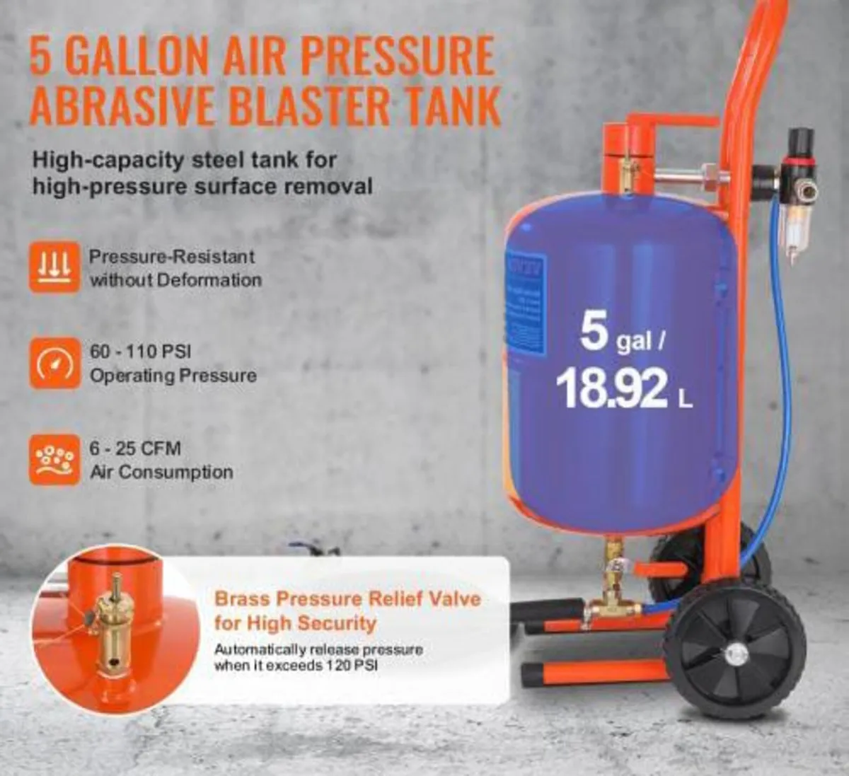 18.9 L Sand Blaster 60-110 PSI High Pressure Sandb - Image 3