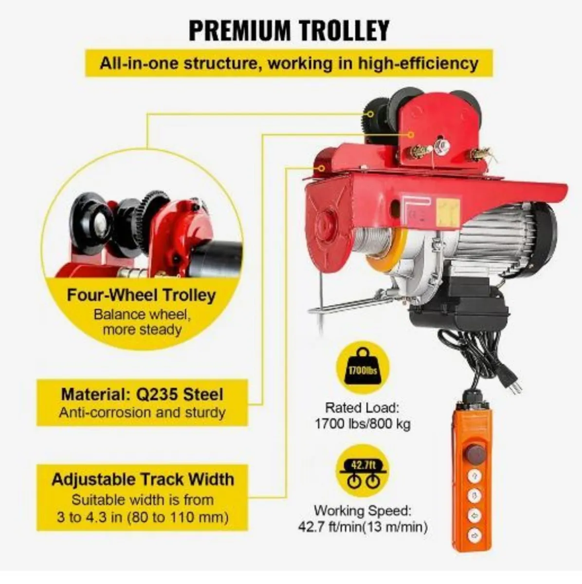 800Kg/1700Lbs Electric Trolley Hoist 1300W - Image 2