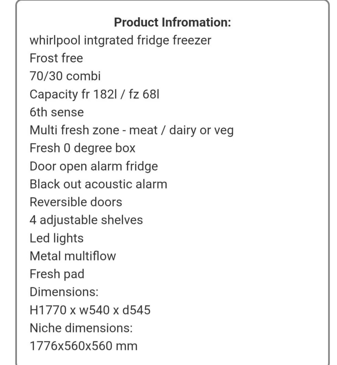 Whirlpool integrated fridge freezer - Image 3