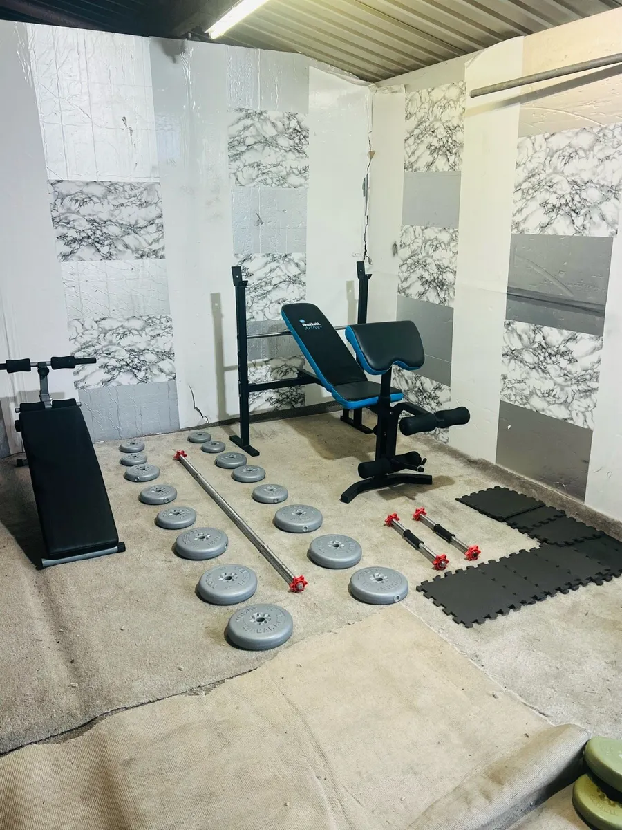 2 X BENCHS 50KG BARBELL SET DUMBBELLS MATS + - Image 1