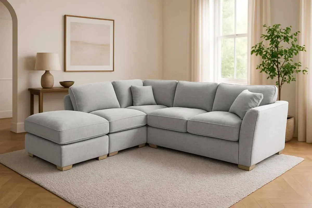 Emme Grey & Beige Fabric Corner Sofa - Image 1