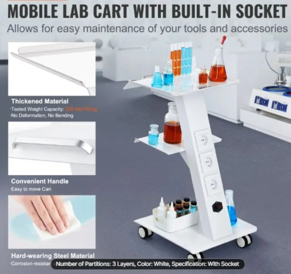 Lab Trolley, Rolling Lab Cart with Built-in Socket - Image 2