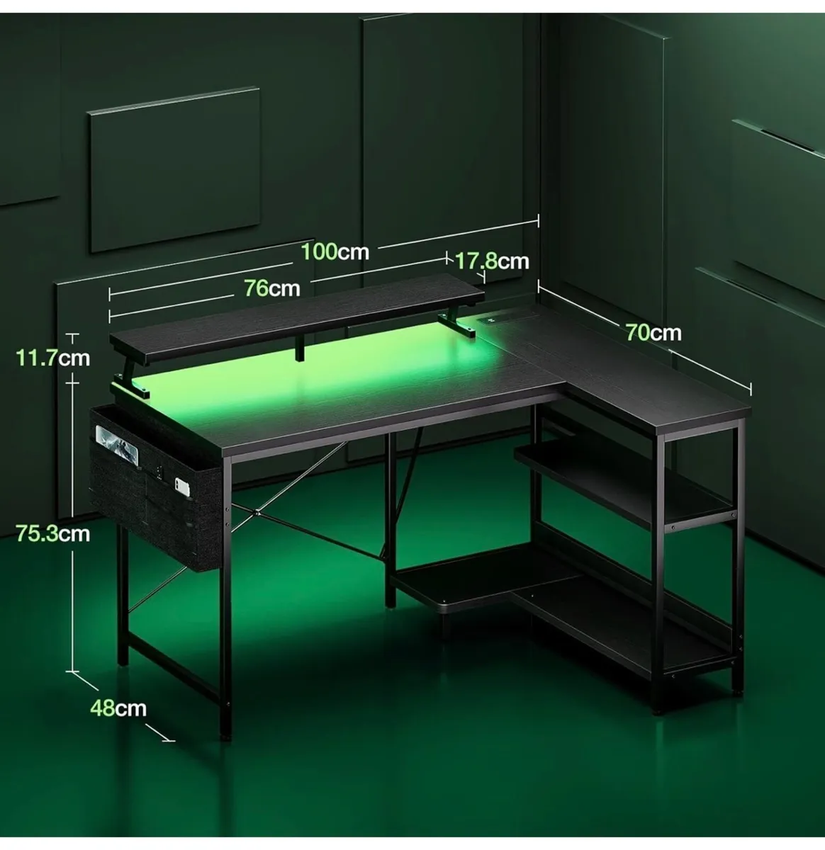 L Shaped Gaming Desk with LED Lights, 100 × 70 cm - Image 2