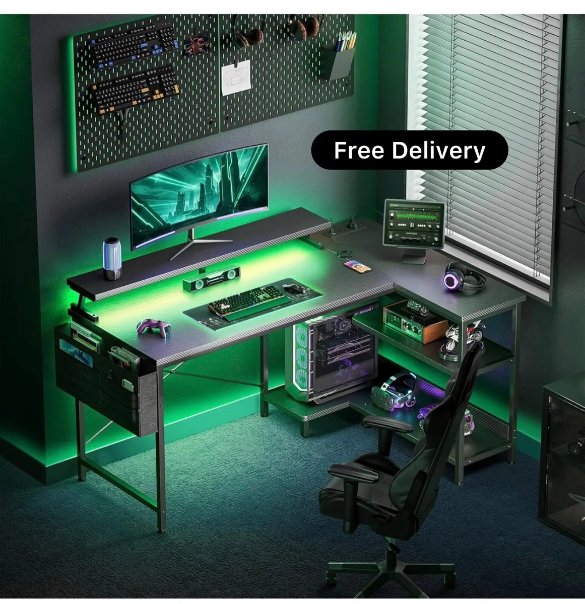 L Shaped Gaming Desk with LED Lights, 100 × 70 cm - Image 1