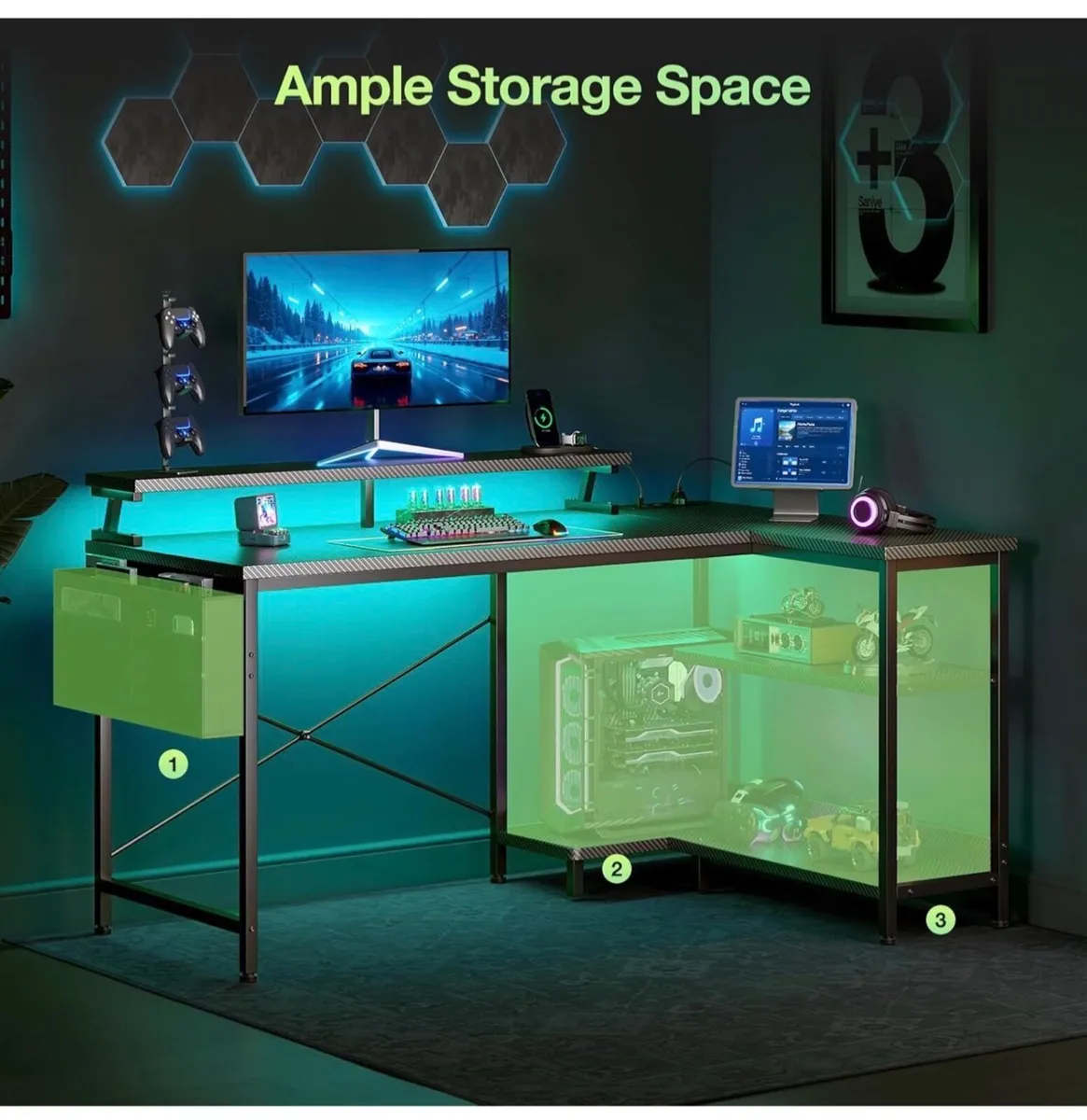 L Shaped Gaming Desk with LED Lights, 100 × 70 cm - Image 1