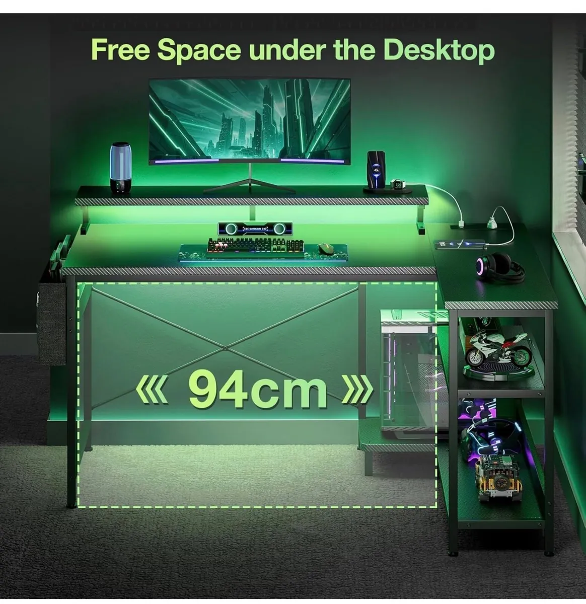 L Shaped Gaming Desk with LED Lights, 100 × 70 cm - Image 2