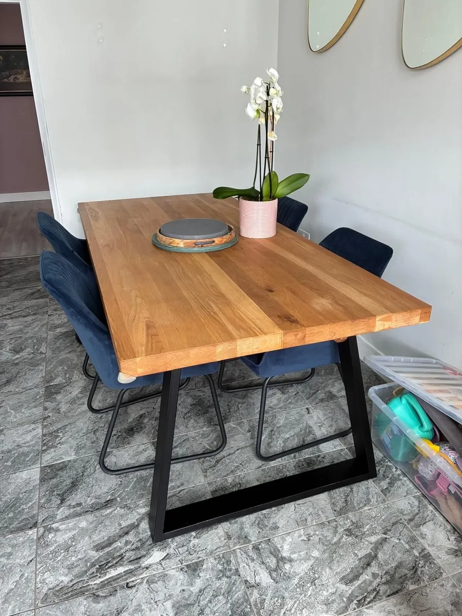 Solid Oak Table and Blue Velvet Chairs - Image 3