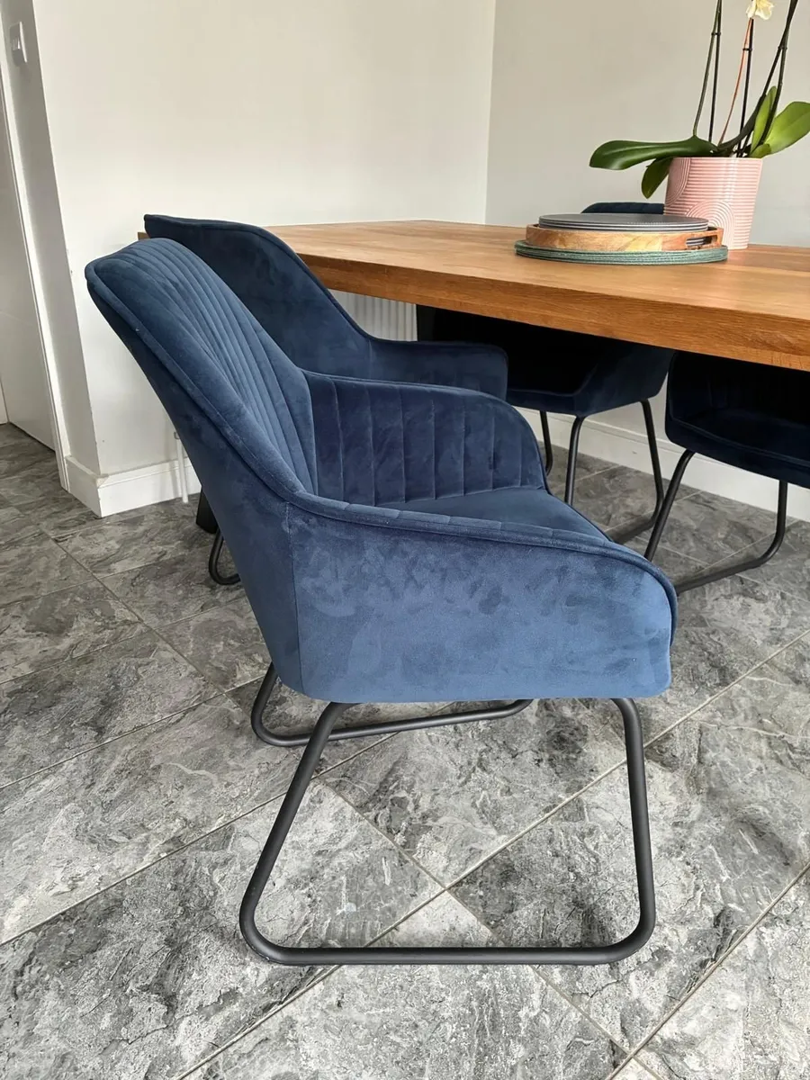 Solid Oak Table and Blue Velvet Chairs - Image 4