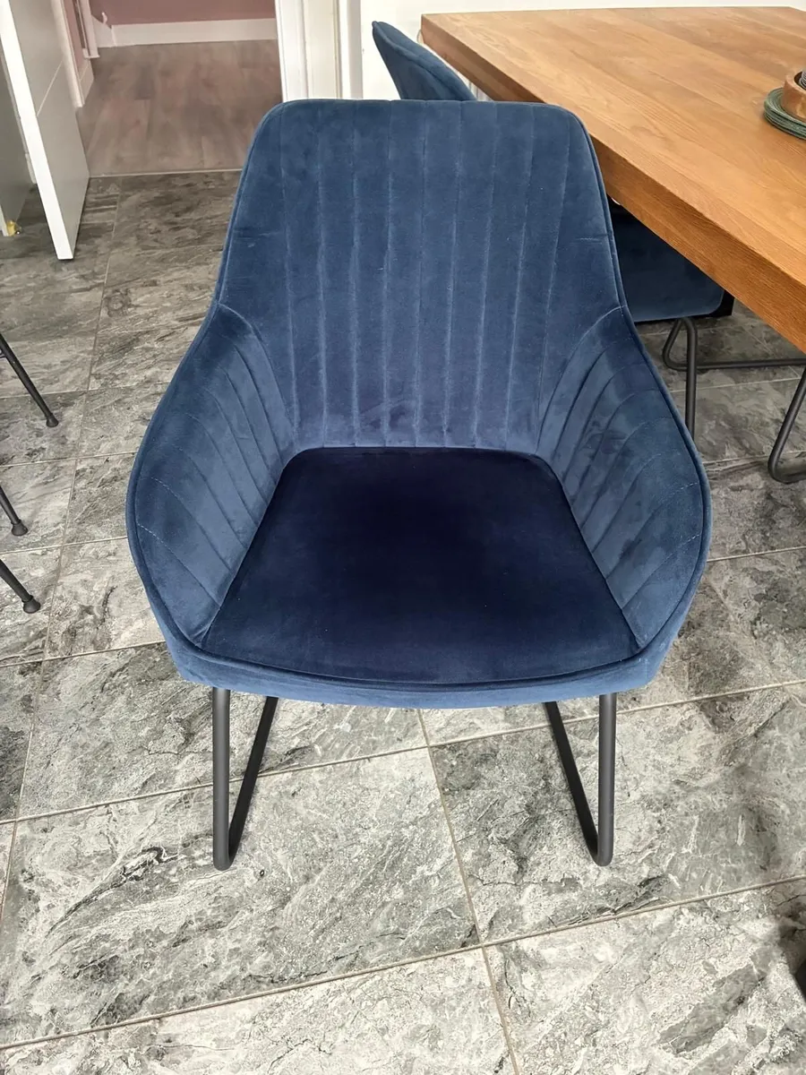 Solid Oak Table and Blue Velvet Chairs - Image 2