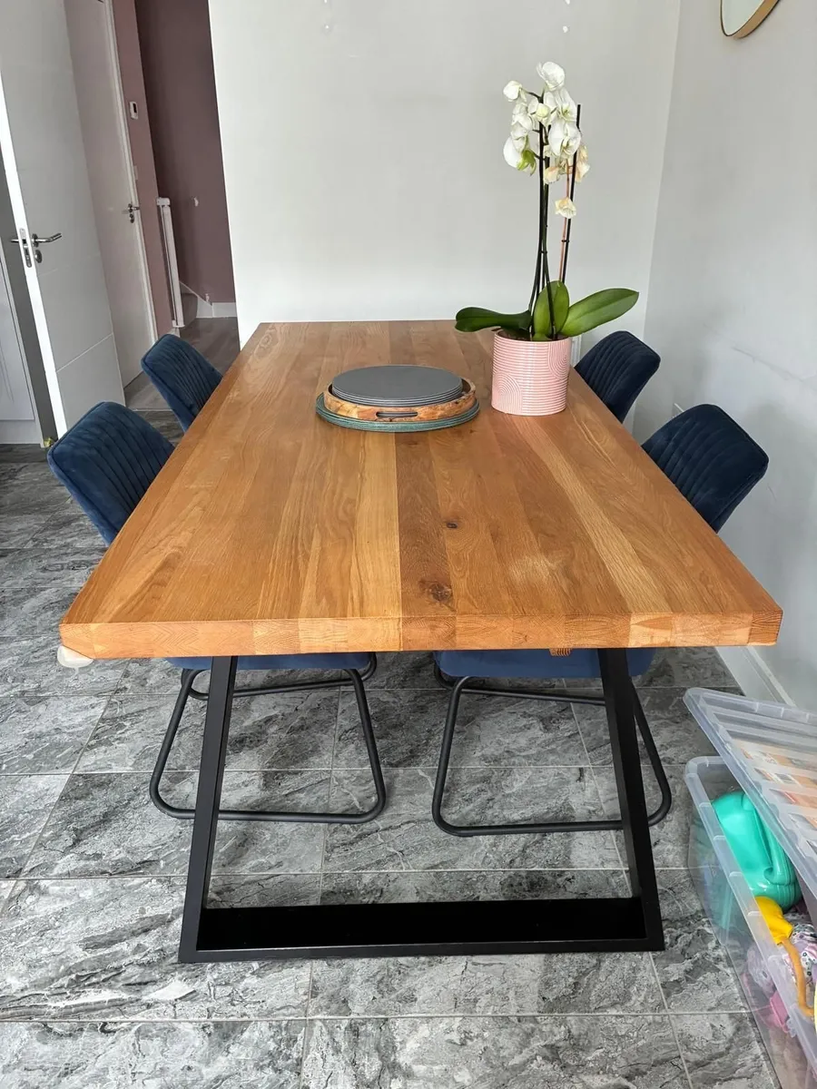 Solid Oak Table and Blue Velvet Chairs - Image 1