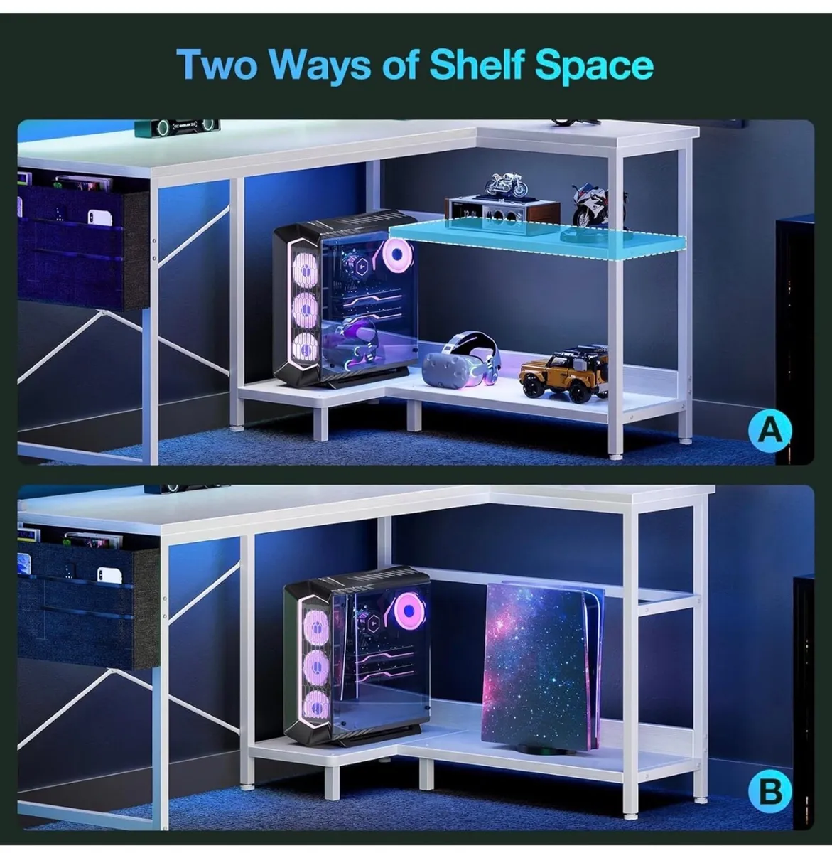 L Shaped Gaming Desk with LED Lights, 100 × 70 cm - Image 1