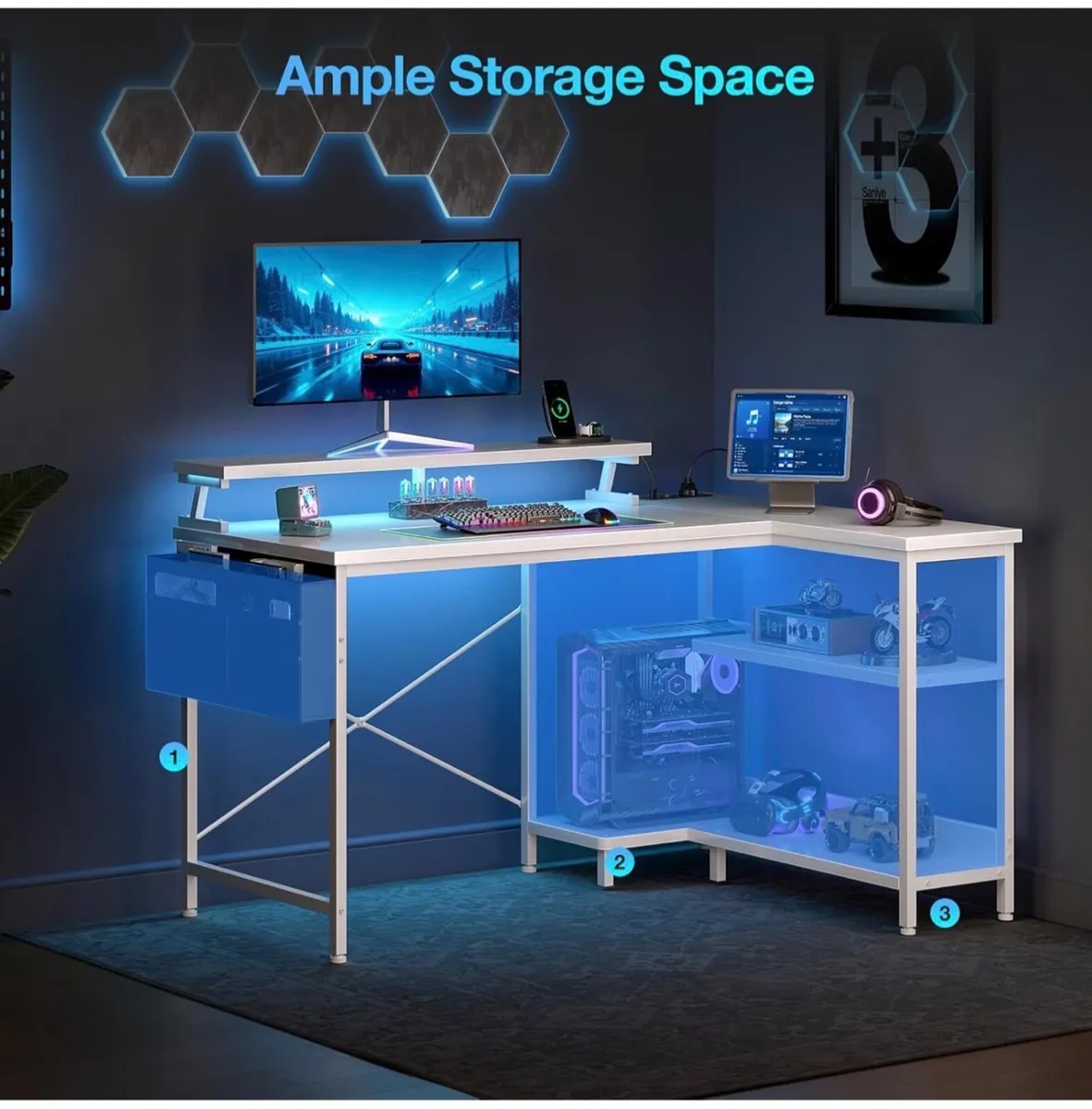 L Shaped Gaming Desk with LED Lights, 100 × 70 cm - Image 2